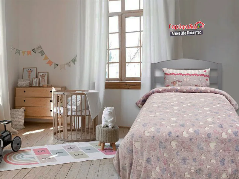 Παιδική Κουβέρτα Μονή Φωσφοριζέ Fleece Heart Γαρύφαλλο 160x220