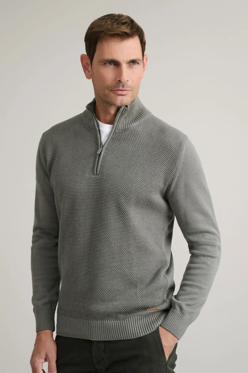 Navy & Green Ανδρικό Πλεκτό Βαμβακερό Half Zip 24YM.1009/LZ Green Leaf Πράσινο