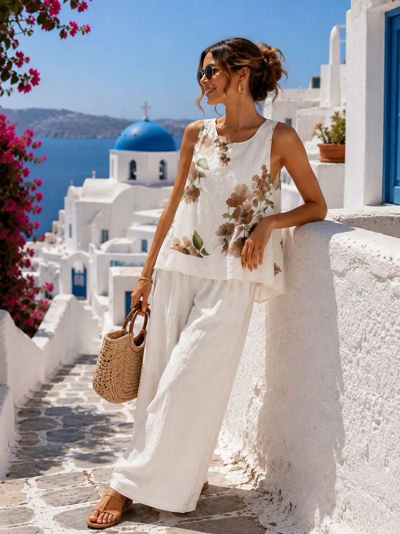 Γυναικείο Floral Σετ με Αμάνικη Μπλούζα & Παντελόνα – Άσπρο | Dress Up Άσπρο