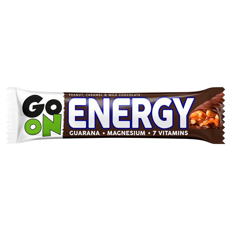 Go On Nutrition Energy Peanut, Caramel & Milk Chocolate Bar Μπάρα Δημητριακών με Γκουαρανά, Μαγνήσιο & 7 Βιταμίνες για Ενέργεια με Γεύση Φιστίκι, Καραμέλα & Επικάλυψη Σοκολάτας Γάλακτος 45g