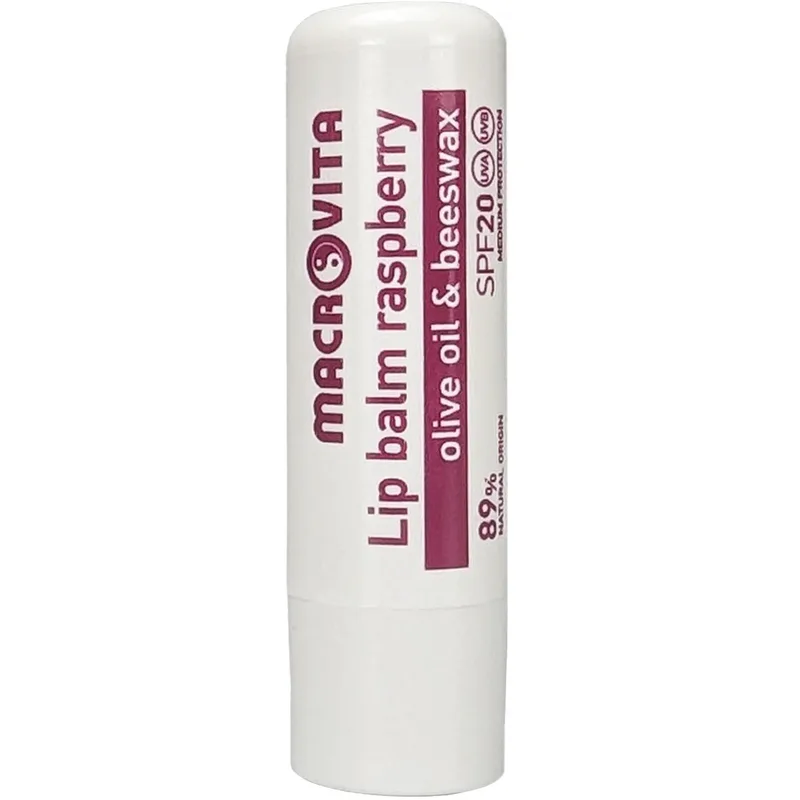 Macrovita Raspberry Lip Balm Spf20 Ενυδατικό Βάλσαμο Χειλιών Μέτριας Αντηλιακής Προστασίας με Λάδι Ελιάς & Κερί Μέλισσας, Γεύση Βατόμουρο 4.8gr