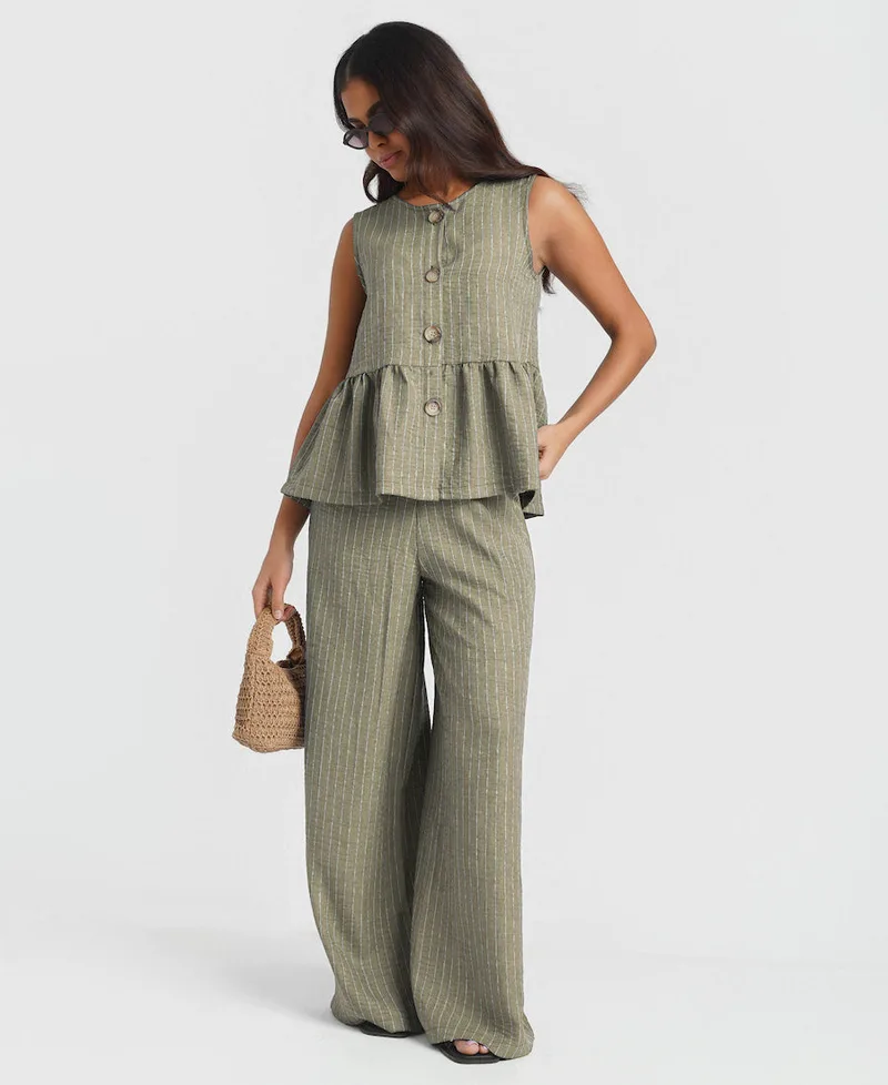 Khaki Stripe Wide Leg Trousers | Size: S