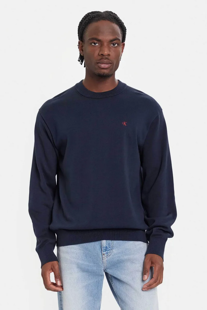 Calvin Klein Jeans ανδρικό βαμβακερό πουλόβερ με λογότυπο Regular Fit - LV04RC309G Σκούρο Μπλε