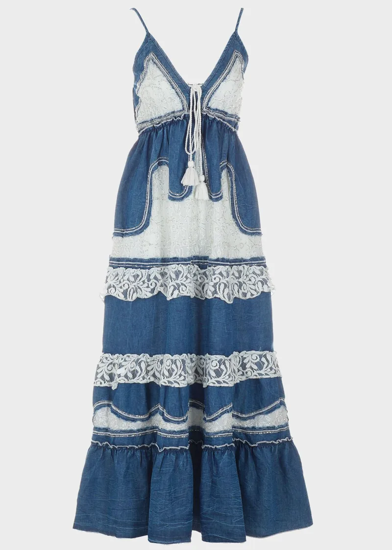 Γυναικείο maxi φόρεμα jean και δαντέλα.Boho Style JEAN