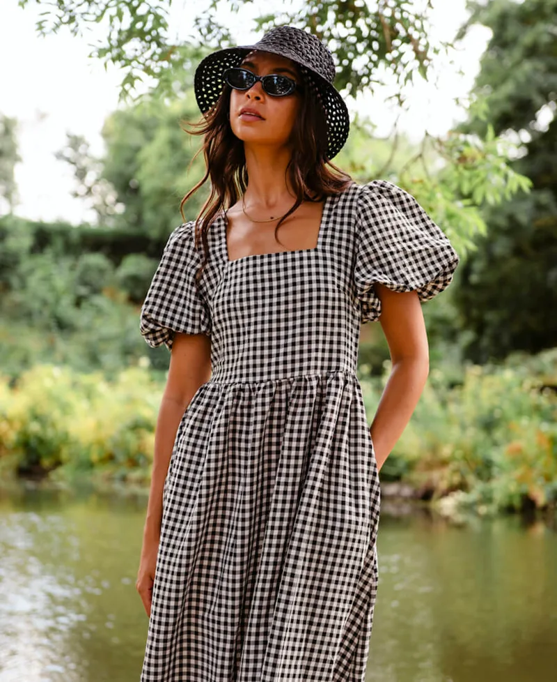 Black Gingham Midi Dress | Clothing Size: 10