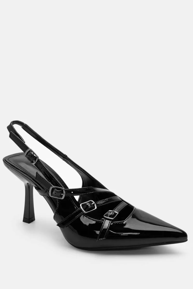 Γόβες Μυτερές Open Heel με Πολλαπλά Λουράκια - Μαύρο
