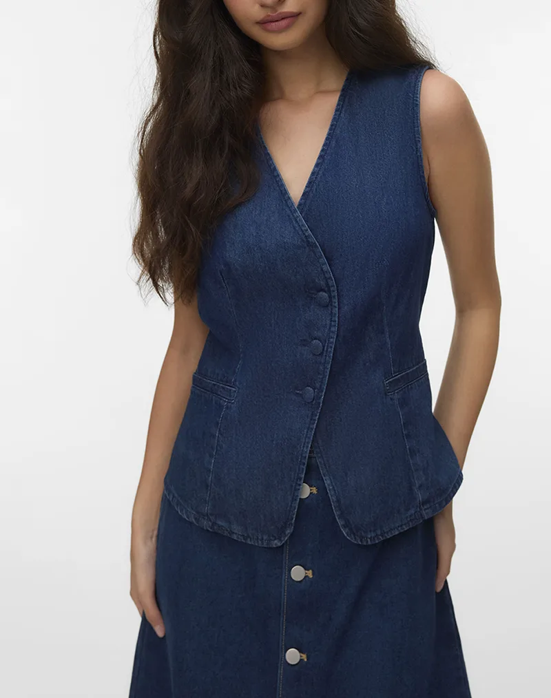 VERO MODA VMVITA SL DENIM WAISTCOAT YO3102 10345126-Medium Blue Denim DenimBlue