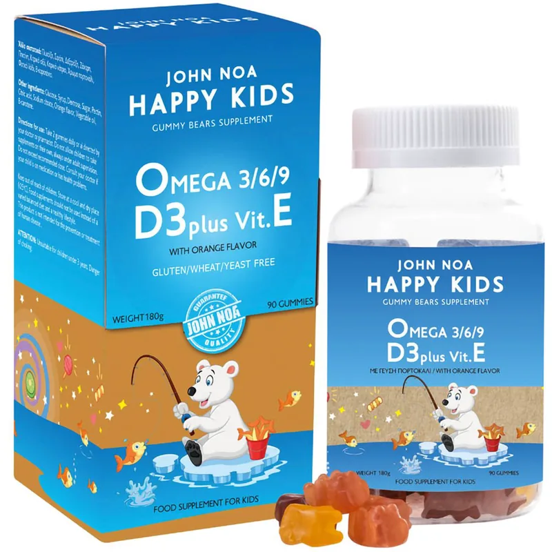 John Noa Happy Kids Omega 3/6/9 D3 Plus Vit. E Παιδικό Συμπλήρωμα Διατροφής με Ωμέγα 3 & Γεύση Πορτοκάλι 90 Gummies
