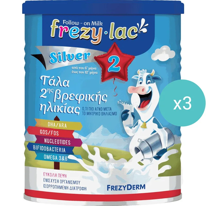 Σετ Frezyderm Frezylac Silver 2 Αγελαδινό Γάλα σε Σκόνη 2ης Βρεφικής Ηλικίας από τον 6ο Έως τον 12ο Μήνα 1200g (3x400g)