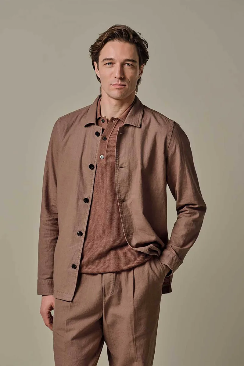Profuomo ανδρικό overshirt με λινάρι Normal Fit - PPXF10016B Καφέ Ανοιχτό