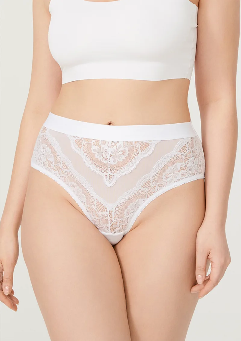 Plus Size Δαντελένιο Σλιπ Ψηλόμεσο Διαφάνεια - Λευκό