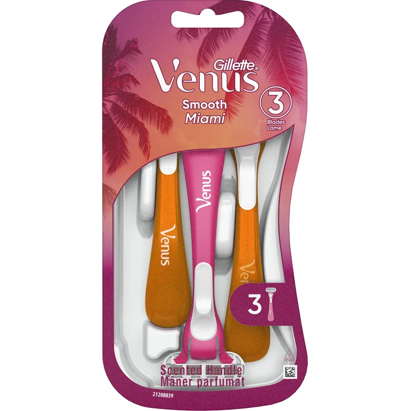 Gillette Venus Smooth Miami 2 Colors Γυναικεία Ξυραφάκια μιας Χρήσης 3 Λεπίδων με Κινούμενη Κεφαλή για Βαθύ Ξύρισμα με Αρωματική Λαβή 3 Τεμάχια