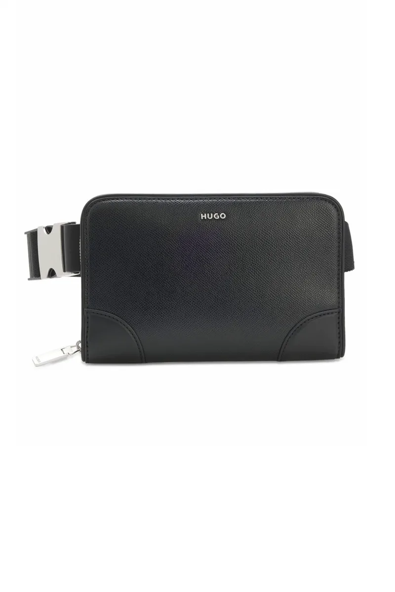 HUGO ΤΣΑΝΤΑΚΙ CROSSBODY ΔΕΡΜΑ GO-BAG LOGO ΜΕΤΑΛΛΙΚΟ ΜΑΥΡΟ