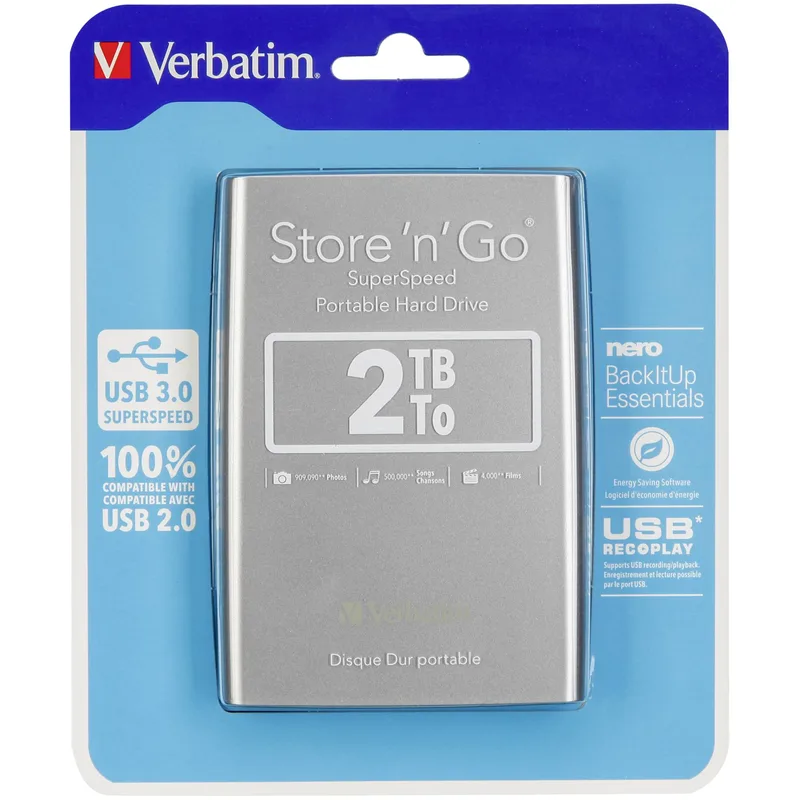 Verbatim Store 'n' Go 2.5" 2TB USB 3.0 Silver External Hard Drive 53189