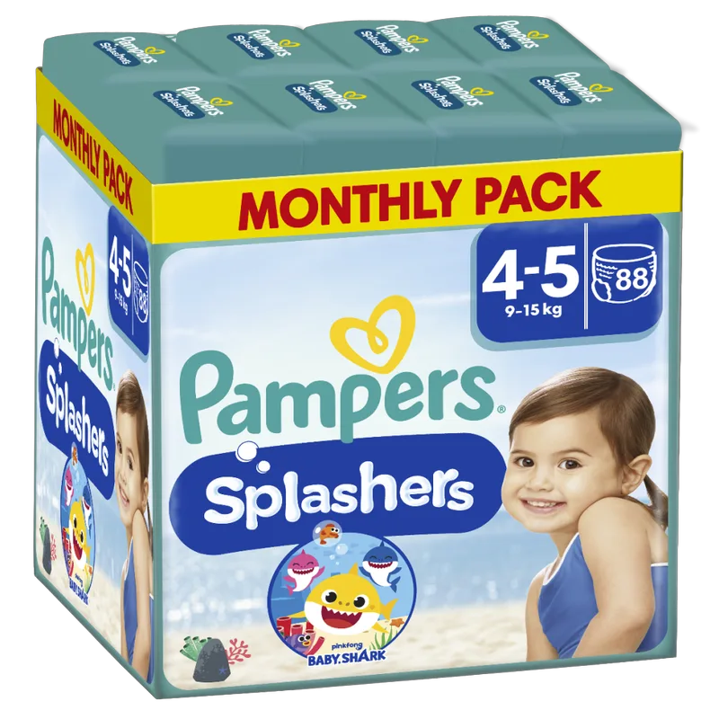Pampers Πάνες Μαγιό Μίας Χρήσης Splashers Monthly Pack No4-5 (9-15kg) 88τεμ (8*11τεμ)