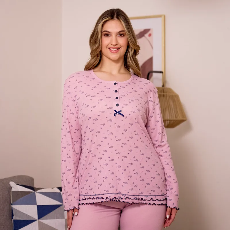 Γυναικεία Πυτζάμα Ριπ Plus Size Ανοιξιάτικη - Ροζ