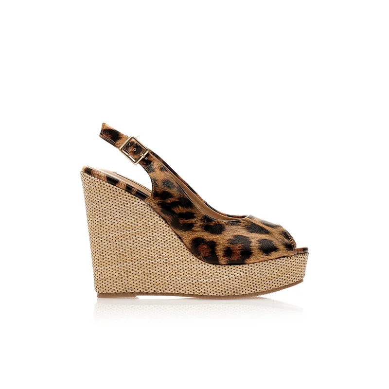 Εσπαντρίγιες πλατφόρμες TSOUKALAS animal print δερματίνη peep toe ΛΕΟΠΑΡ