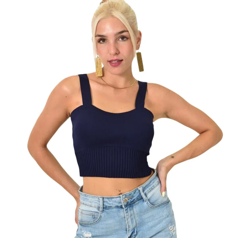 Crop top πλεκτό με τιράντες Μπλε Σκούρο 25181