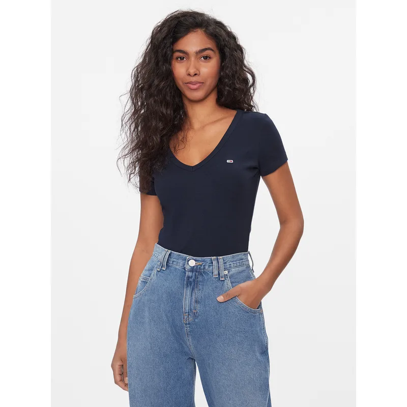 Tommy Jeans T-Shirt Tjw Slim Essential Rib V Ss DW0DW17385 Σκούρο μπλε Slim Fit