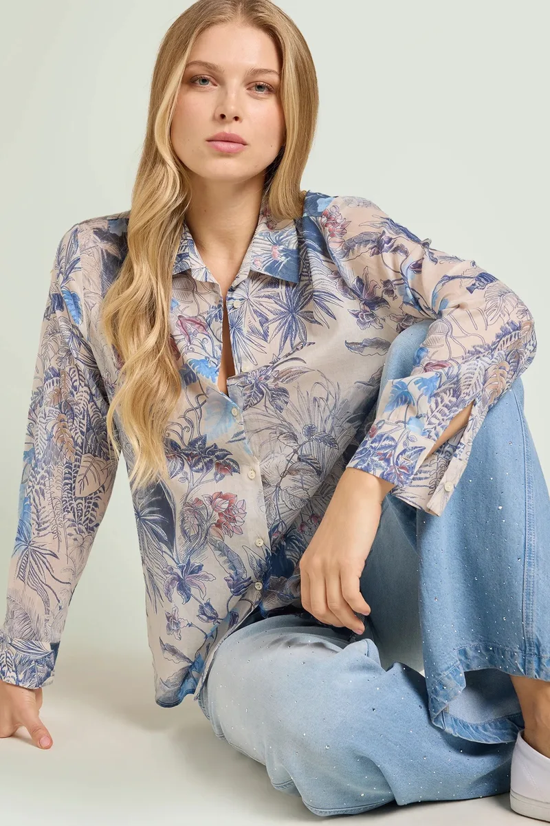 Luisa Μωβ Γυναικείο Πουκάμισο Βαμβακερό Με Floral Σχέδιο