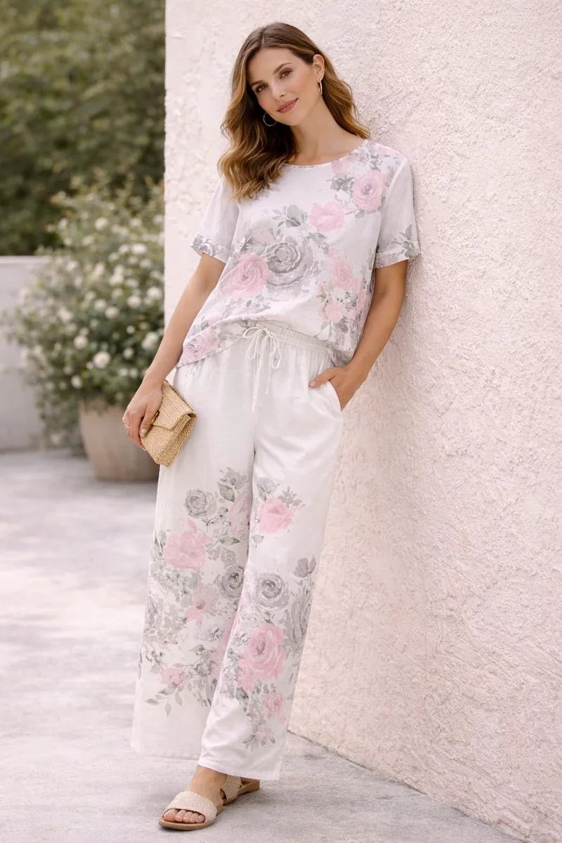 Σετ Μπλούζα Και Παντελόνα Floral Σε Άσπρο Χρώμα Άσπρο