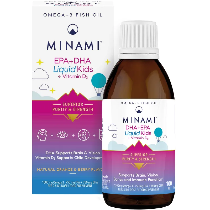 Minami EPA + DHA Liquid Kids + Vitamin D3 Συμπλήρωμα Διατροφής Πλούσιο σε Ω3 Λιπαρά Οξέα Υψηλής Καθαρότητας & Συγκέντρωσης με Βιταμίνη D3 για Ομαλή Λειτουργία του Εγκεφάλου & Όρασης, Ενίσχυση του Ανοσοποιητικού & Καλή Υγεία Οστών & Δοντιών για Παιδιά