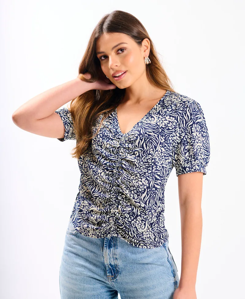 Navy Animal Printed Ruched Top | Clothing Size: 14