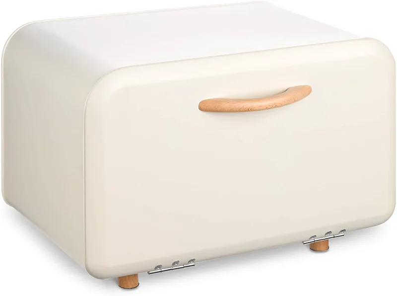 Navaris Bread Bin / Metal Bread Box - Μεταλλική Ψωμιέρα / Κουτί Αποθήκευσης Ψωμιού με Μαγνητικό Πορτάκι / Καπάκι από Ξύλο Οξιάς - Creme (51503.02.16)