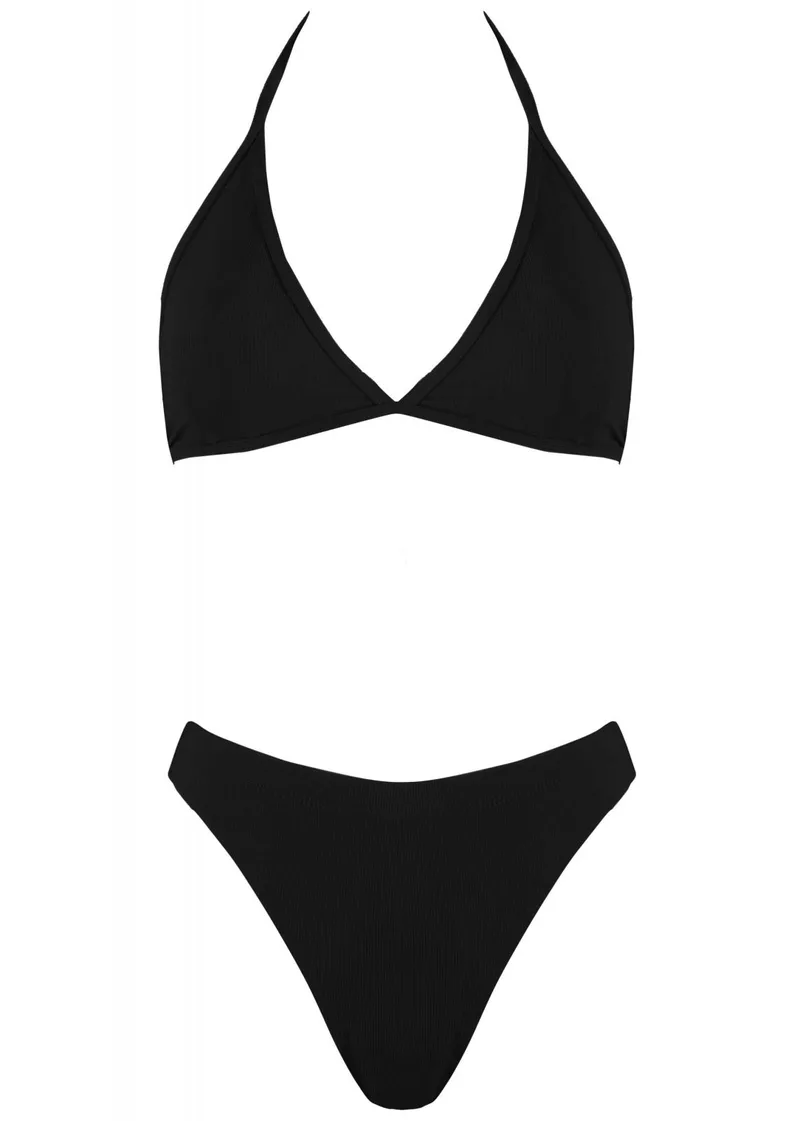 Σέτ μαγιό τρίγωνο αποσπώμενη ενίσχυση bikini παρτό ψηλόμεσο. Καλύπτει B Cup ΜΑΥΡΟ