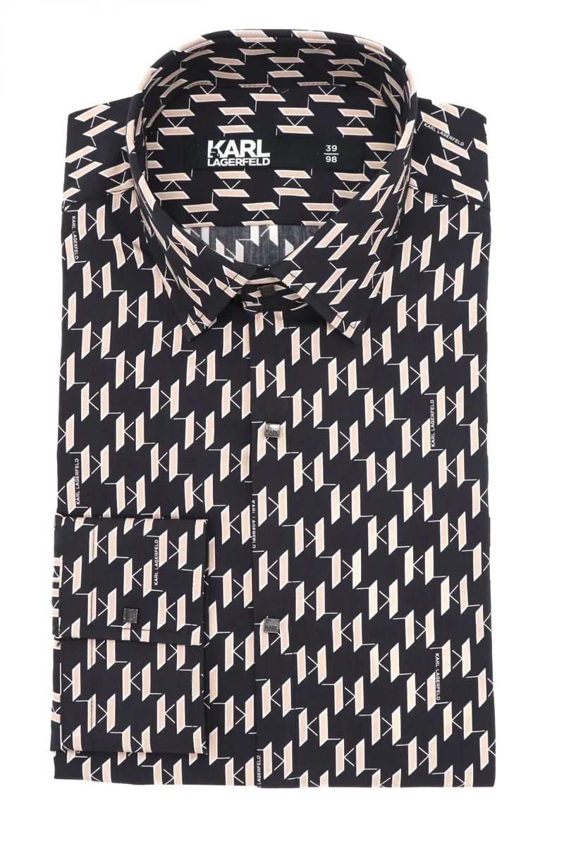 KARL LAGERFELD ΠΟΥΚΑΜΙΣΟ SLIM FIT ALL OVER LOGO ΜΑΥΡΟ-ΜΠΕΖ