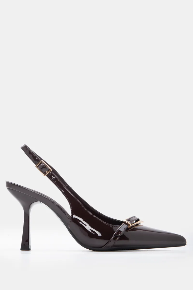 Γόβες Μυτερές Slingback με Διακοσμητική Τόκα - Καφέ Σκούρο