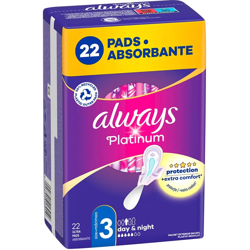 Always Platinum Day & Night Pads Size 3 Σερβιέτες Μεγάλου Μεγέθους με Φτερά για Άνεση & Προστασία Μέρα & Νύχτα 22 Τεμάχια
