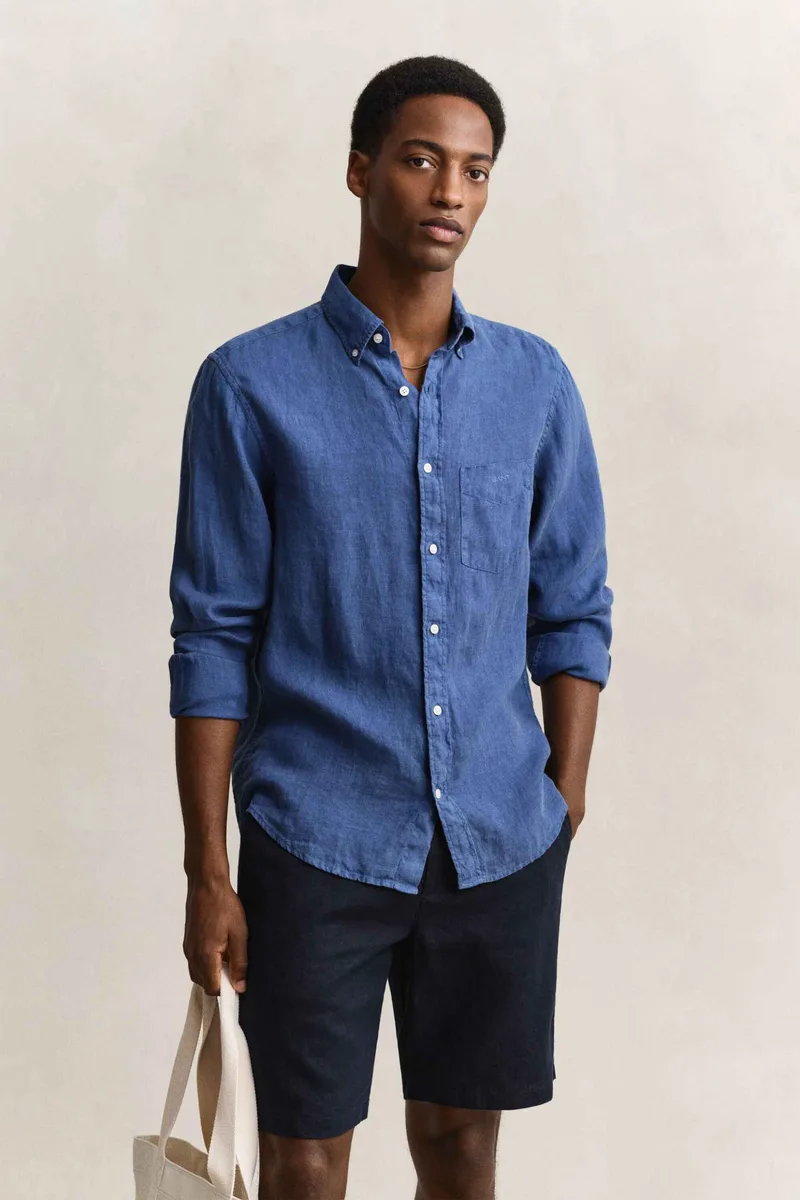 Gant ανδρικό λινό πουκάμισο button down με τσέπη και κεντημένο λογότυπο Regular Fit - 3240120 Μπλε Mirage