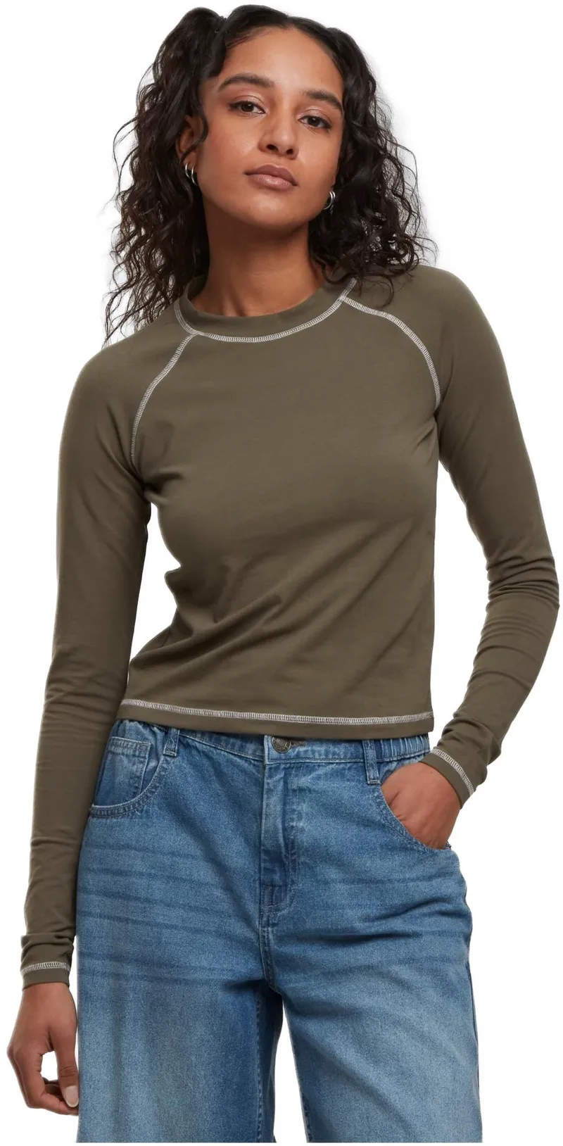 Ladies Contrast Jersey Longsleeve Urban Classics TB7730-00176 olive