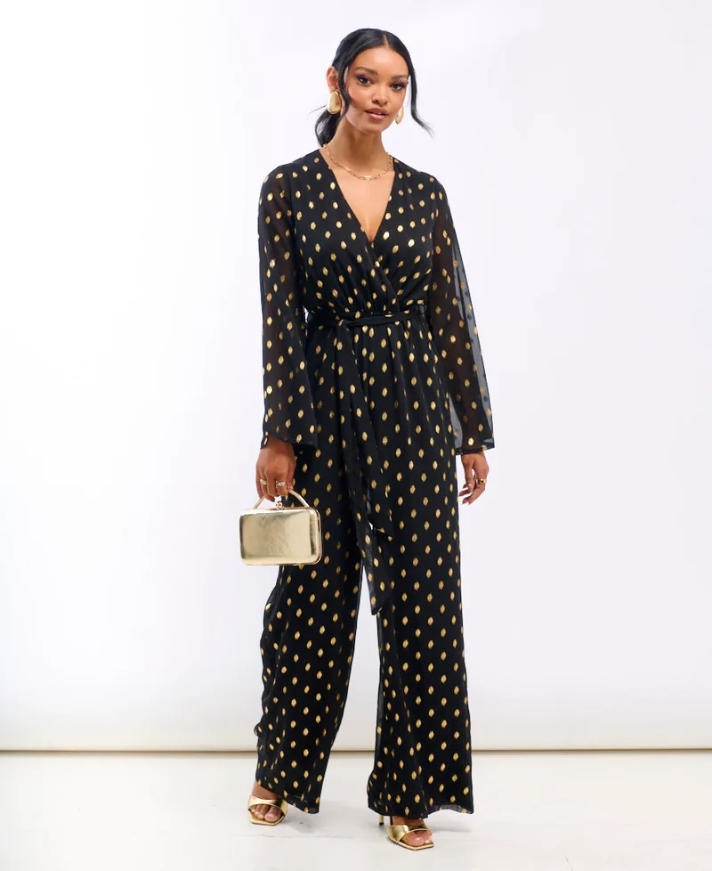 Black Foil Wrap Jumpsuit | Size: 10