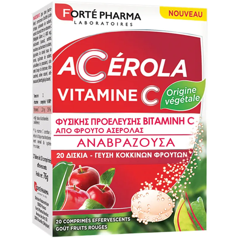 Forte Pharma Acerola Vitamin C Συμπλήρωμα Διατροφής Εκχυλίσματος Ασερόλας Πλούσιο σε Βιταμίνη C Φυτικής Προέλευσης για Ενίσχυση του Ανοσοποιητικού με Γεύση Κόκκινων Φρούτων 20 Effer.tabs