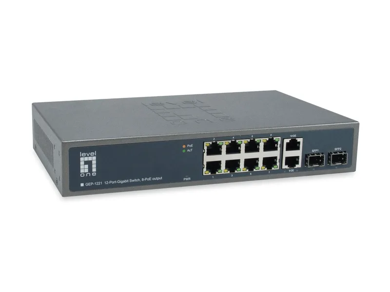 LevelOne Switch 10x GE GEP-1221 2xGSFP 19" 150W 8xPoE+