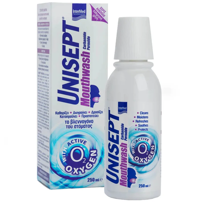Intermed Unisept Mouthwash Αντιμικροβιακή, Καθαριστική, Επουλωτική, Ανακουφιστική Δράση 250ml