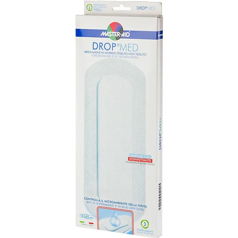 Master Aid Drop Med Woundpad with Antibacterial Substance 10.5x25cm Αυτοκόλλητες, Αντικολλητικές Γάζες Εμποτισμένες με Απολυμαντικό 3 Τεμάχια