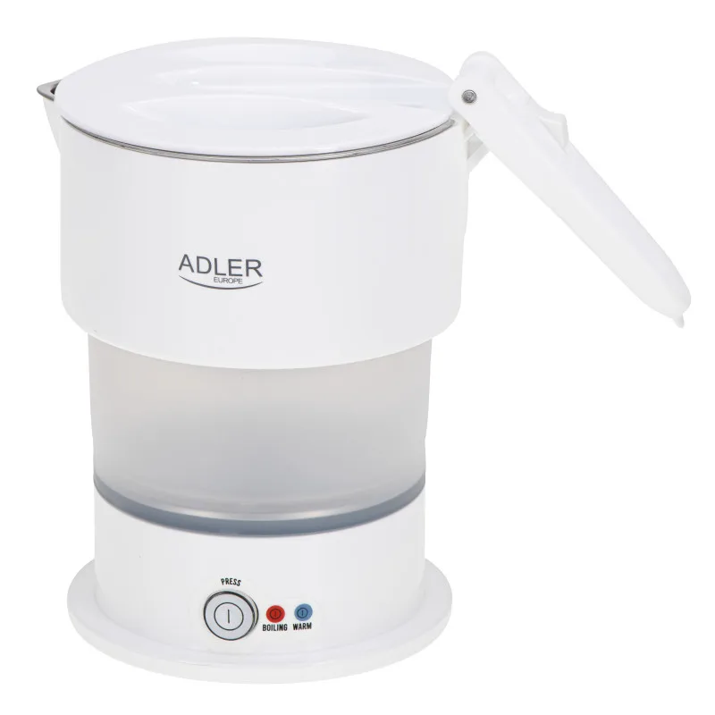 Τουριστικός ηλεκτρικός βραστήρας Adler AD 1377, 600W, 0,6 l, Αναδιπλούμενο σώμα σιλικόνης, Προστασία από υπερθέρμανση, Ένδειξη φωτός, Λευκό