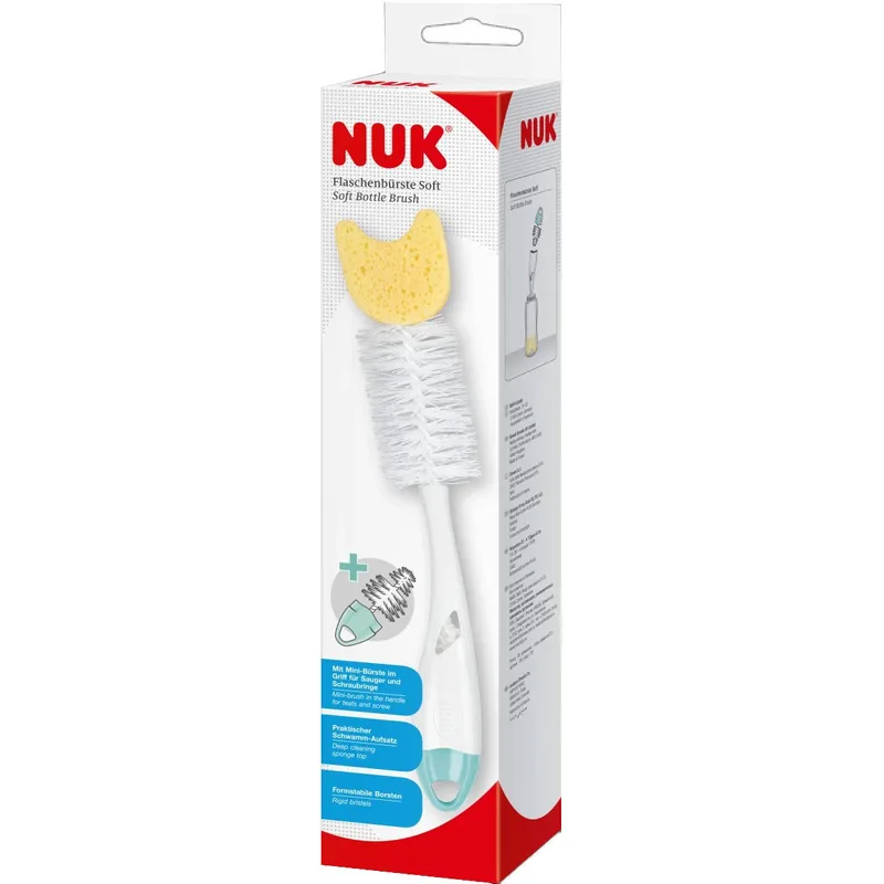 Nuk Soft Bottle Brush 2 in 1 Βούρτσα με Εύκαμπτες - Ανθεκτικές Τρίχες & Συμπληρωματικό Σφουγγαράκι για τον Σχολαστικό Καθαρισμό 1 Τεμάχιο