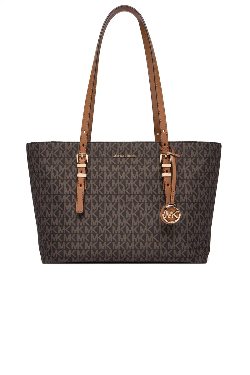 MICHAEL KORS ΤΣΑΝΤΑ ΩΜΟΥ QUINN ALL OVER LOGO ΣΚΟΥΡΟ ΚΑΦΕ