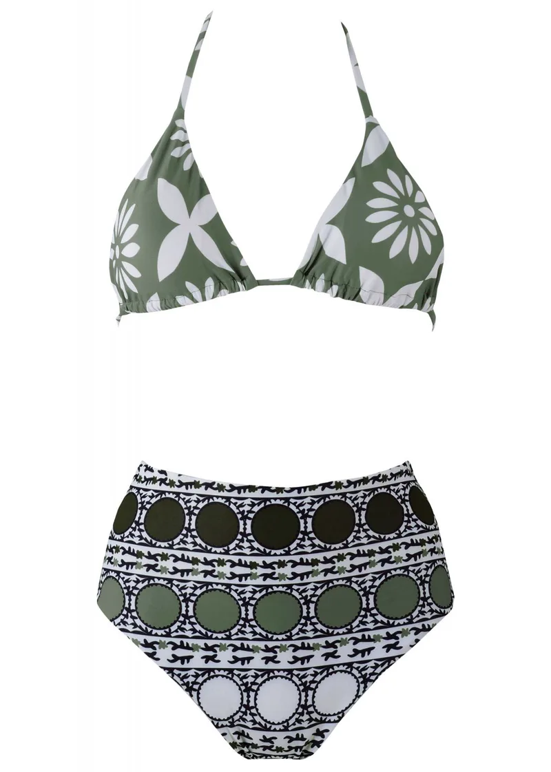 Set μαγιό τρίγωνο αποσπώμενη ενίσχυση bikini παρτο ψηλόμεσο. Καλύπτει Β Cup. ΧΑΚΙ
