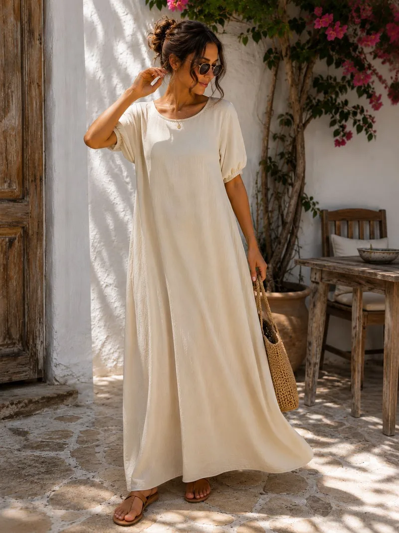 Maxi Oversized Φόρεμα με Balloon Μανίκια & Στρογγυλή Λαιμόκοψη - Μπεζ | Dress Up Μπεζ