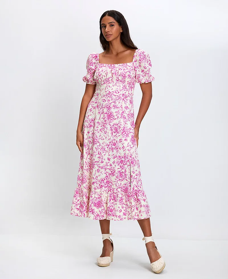 Γυναικείο Midi Φόρεμα Floral με Τετράγωνη Λαιμόκοψη και Puff Μανίκια σε Ροζ Εμπριμέ