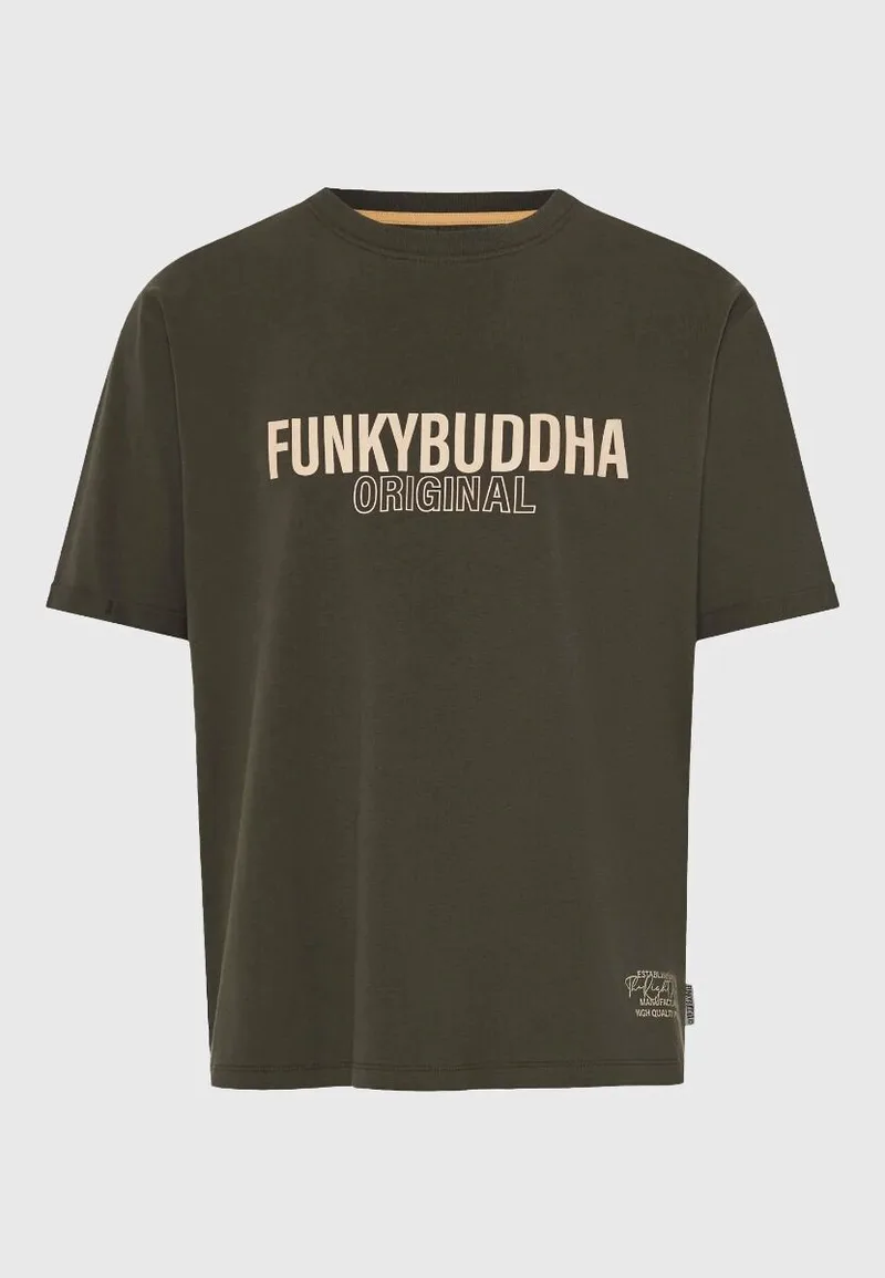 Funky Buddha Ανδρικό relaxed t-shirt με τύπωμα από βαμβάκι FBM013-032-04 Λαδί