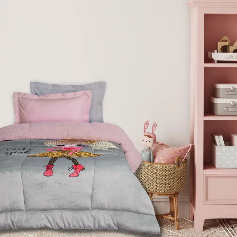 Κουβερτοπάπλωμα Fleece-Sherpa Μονό 160x220εκ. Kid 4971 Grey-Ροζ Das Kids (Ύφασμα: Polyester, Χρώμα: Ροζ) - DAS KIDS - 421910104971