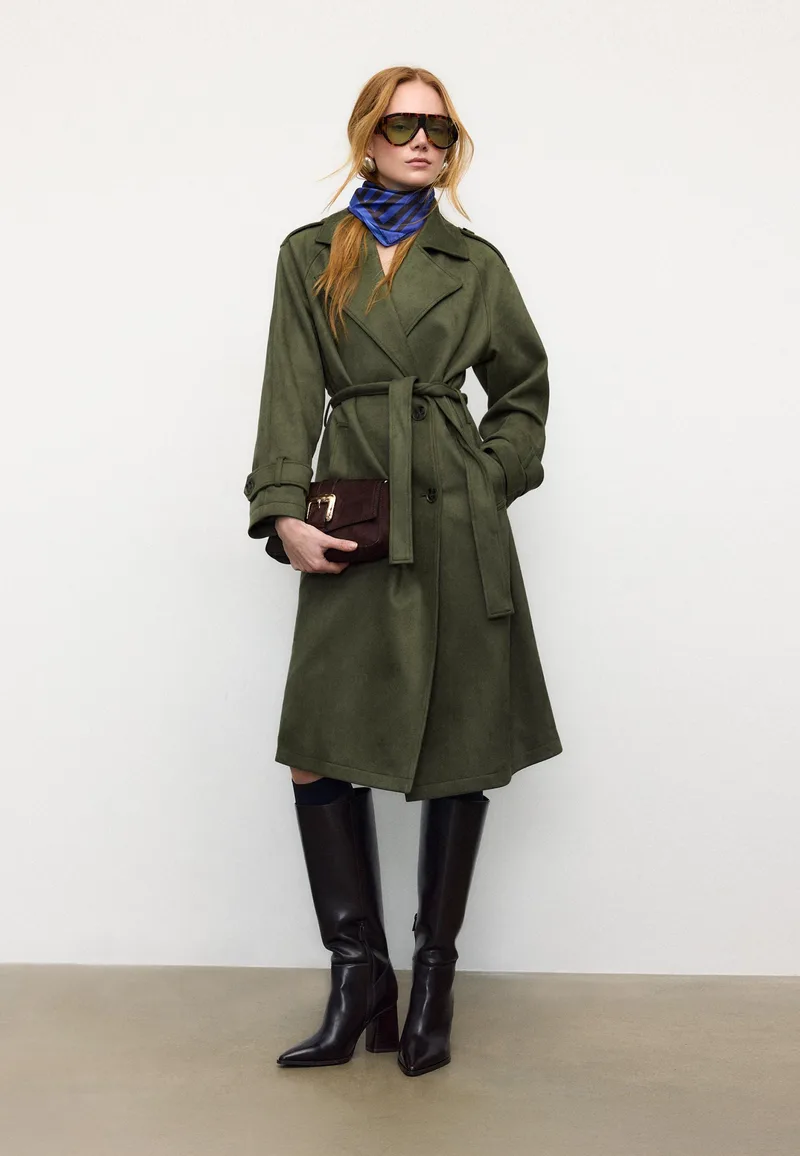 Stradivarius Μακρύ Trench Συνθετικό Σουέντ Λαδί Xs