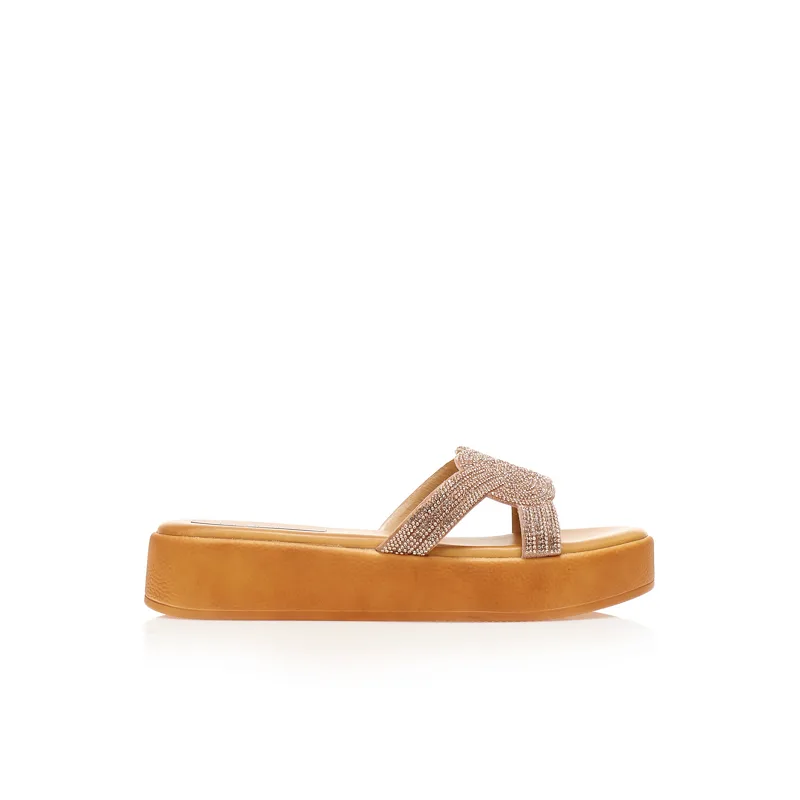 Flatforms TSOUKALAS μπρονζέ δερματίνη με πλέξη από στρας ΜΠΡΟΝΖΕ
