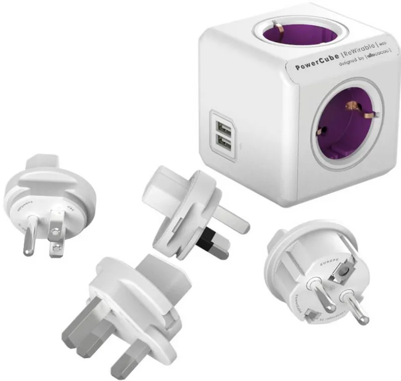Allocacoc PowerCube Rewirable USB - Πολύπριζο με 4 Υποδοχές Type-F 1500W / 4 Βύσματα US / EU / UK / AU/CN / 2 x USB-A 10.5W - Orchid Purple - 2 Έτη Εγγύηση (1700/DERUPC)